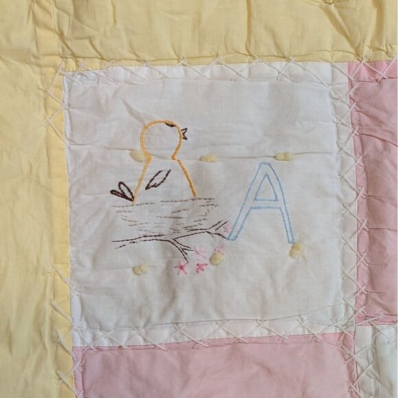 Handmade Quilt Embroidered Alphabet Birds Knots Yellow Pink 45x58 Baby Blanket - Picture 4 of 8